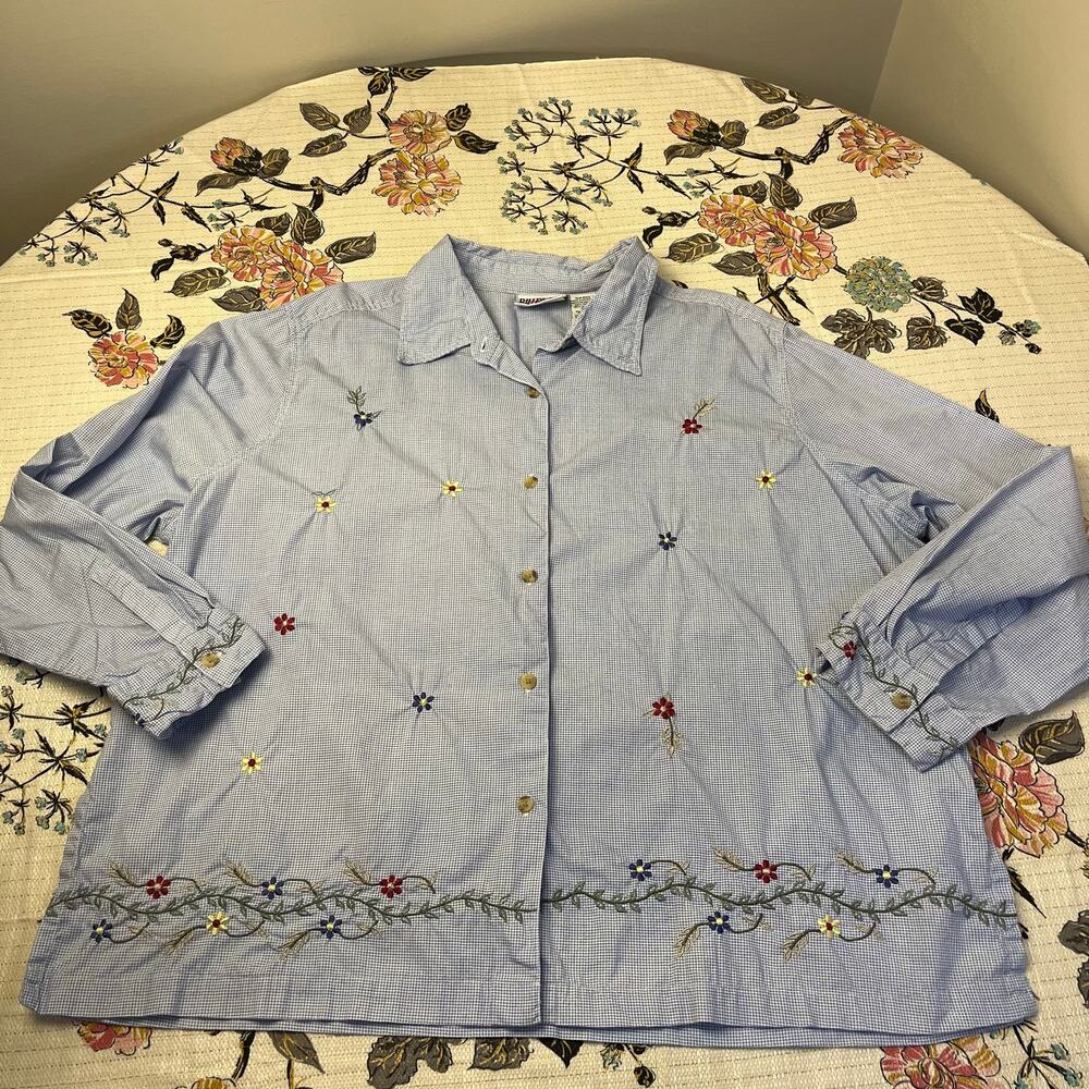 Vintage Bill Blass Denim Jean Floral Embroidered 2X Floral Shirt Cottage Granny